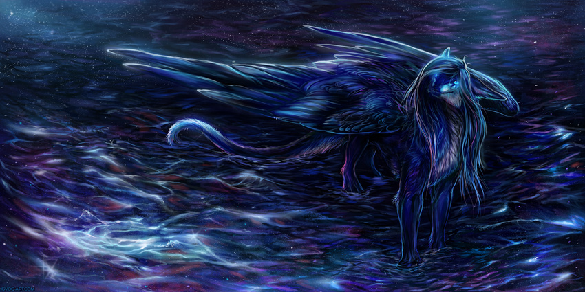 blue_eyes blue_hair dragon feathered_dragon feathered_wings feathers female feral fur furred_dragon hair isvoc solo standing water wings