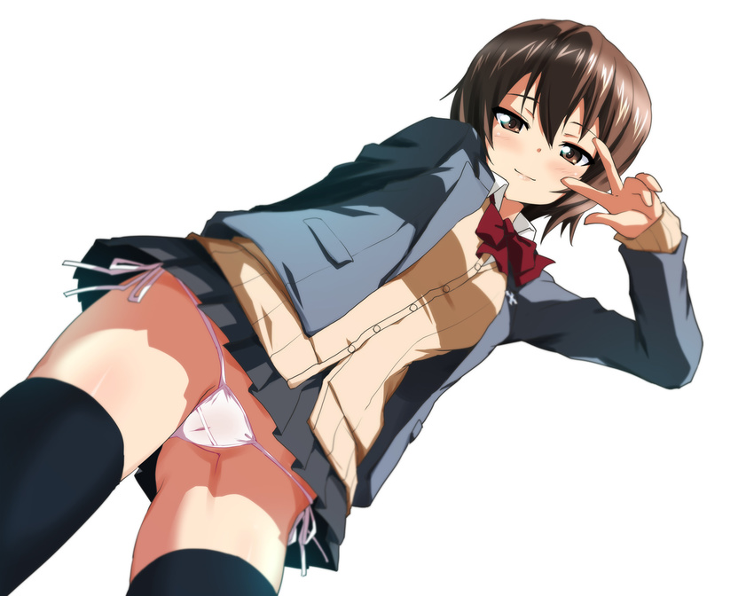 1girl black_legwear blush brown_eyes brown_hair cameltoe girls_und_panzer looking_at_viewer looking_down nishizumi_maho ouhashi panties school_uniform side-tie_panties skirt smile solo thighhighs upskirt v white_background white_panties