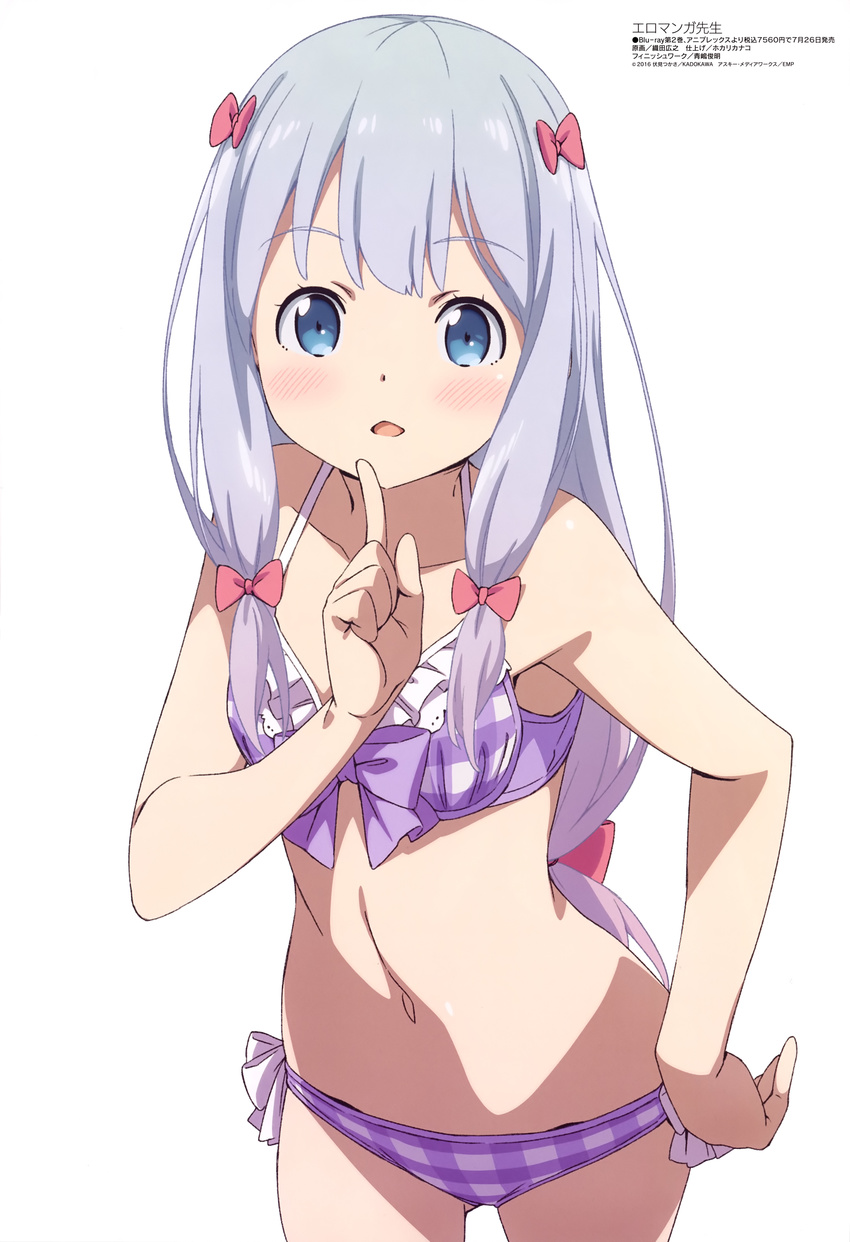 absurdres ass_visible_through_thighs bikini blue_eyes blush bow breasts cowboy_shot eromanga_sensei finger_to_mouth frill_trim gradient_hair hair_bow hand_on_hip highres izumi_sagiri kanzaki_hiro long_hair looking_at_viewer low-tied_long_hair multicolored_hair navel open_mouth pink_hair plaid plaid_bikini purple_bikini scan sidelocks silver_hair simple_background small_breasts solo swimsuit white_background