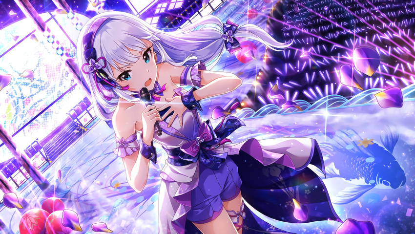 1girl bare_shoulders blue_eyes bow collarbone commentary_request fish frills grey_hair hair_bow hair_ornament highres holding idol idolmaster idolmaster_million_live! idolmaster_million_live!_theater_days long_hair looking_at_viewer microphone music narumi_arata official_art petals shiraishi_tsumugi shorts singing solo stage strapless wrist_cuffs