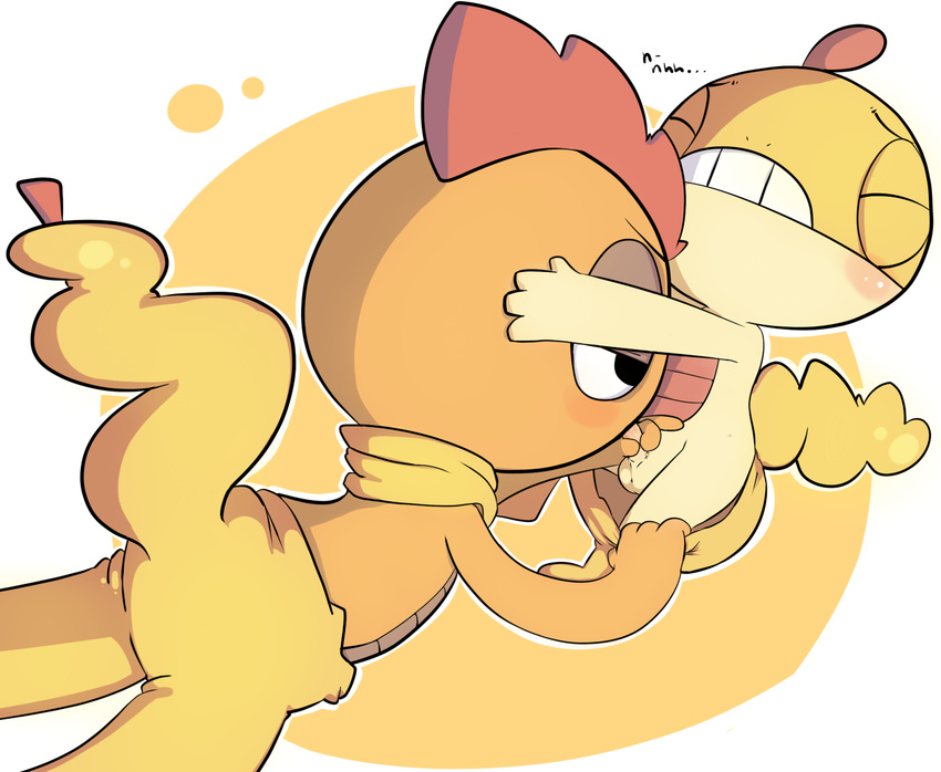 ambiguous_gender anthro balls blush clothed clothing eyes_closed fellatio male male/ambiguous nintendo oral pants pants_down partially_clothed penis pok&eacute;mon scrafty scraggy sex simple_background size_difference video_games watermelon_(artist)