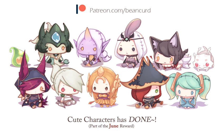 ahri animal_ears aqua_hair artist_name beancurd black_cape black_eyes black_hair black_hat black_skirt blue_dress blush_stickers cape chibi doll dress emilia_leblanc green_eyes grey_hair hair_over_one_eye hat headpiece heart hood horn knife kog'maw league_of_legends leona_(league_of_legends) multiple_girls nami_(league_of_legends) orange_hair patreon_logo patreon_username pink_hair pirate_hat pointy_ears ponytail purple_hair purple_skin red_eyes red_hair riven_(league_of_legends) sarah_fortune shield silver_hair skirt sona_buvelle soraka sword tabard twintails watermark weapon web_address white_hair xayah yellow_eyes zac