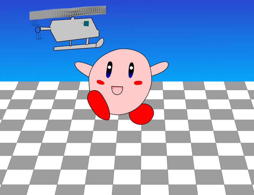 2017 aceofspadesproduc100 aircraft alien blue_eyes blush_sticker gradient_background helicopter kirby kirby_(series) male nintendo not_furry open_mouth raised_arm roflcopter running simple_background smile solo tile_floor video_games