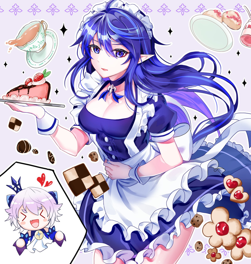 &gt;_&lt; 1girl ahoge blue_eyes blue_hair cake chibi choker ciel dress drink elsword fang female food genderswap hamericano happy headdress heart highres horns long_hair luciela_r._sourcream maid pink_hair pointy_ears purple_hair royal short_hair solo sweets