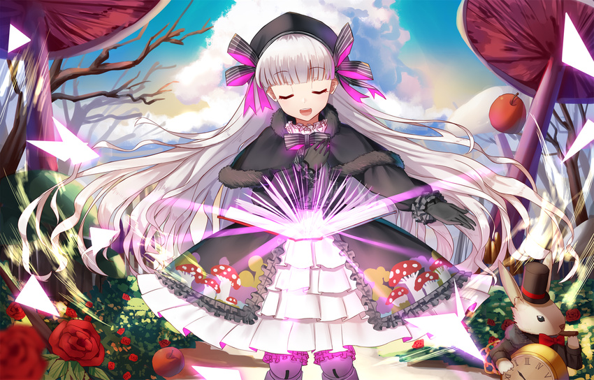 alice_in_wonderland apple bangs bare_tree black_bow black_capelet black_dress black_hat black_neckwear black_ribbon blue_sky blunt_bangs book bow bowtie capelet closed_eyes cloud cloudy_sky commentary_request day doll_joints dress eyebrows_visible_through_hair facing_viewer fate/extra fate_(series) flower food frilled_dress frills fruit fur-trimmed_capelet fur_trim giant_mushroom gothic_lolita hand_on_own_chest hand_up hat hat_ribbon highres ji_dao_ji lolita_fashion long_hair long_sleeves multicolored multicolored_bow multicolored_ribbon nursery_rhyme_(fate/extra) open_book open_mouth outstretched_arm outstretched_hand pages petticoat pocket_watch print_dress purple_bow purple_neckwear purple_ribbon red_flower red_rose ribbon roman_numerals rose rose_bush silver_hair sky standing striped striped_ribbon top_hat tree very_long_hair watch white_rabbit |d