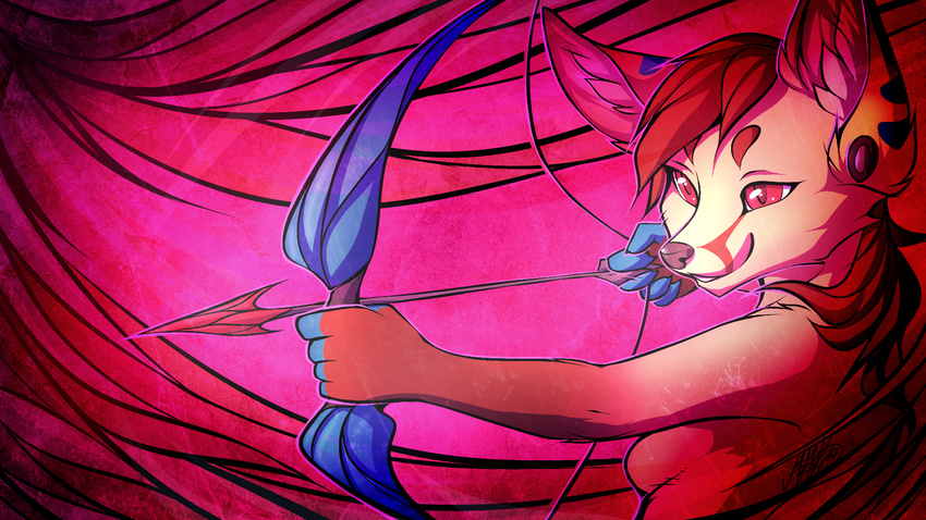 2014 5_fingers anthro arrow bow breasts canine featureless_breasts female fox hair holding_object holding_weapon inner_ear_fluff mammal neotheta nude red_eyes red_hair smile solo weapon