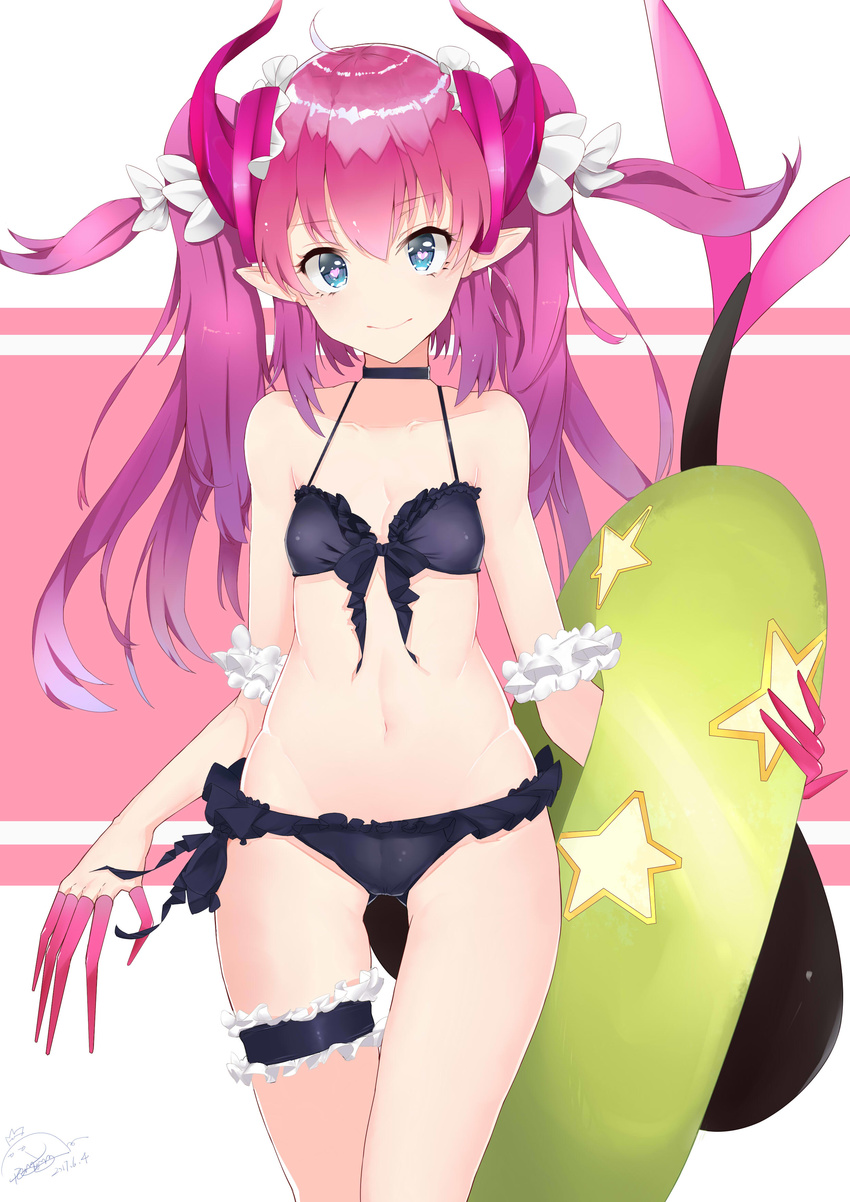 absurdres arm_at_side ass_visible_through_thighs bangs bare_arms bare_legs bare_shoulders bikini black_bikini black_choker blue_eyes bow breasts choker closed_mouth commentary_request curled_horns dragon_tail elizabeth_bathory_(fate) elizabeth_bathory_(fate)_(all) eyebrows_visible_through_hair fate/extra fate/extra_ccc fate/grand_order fate_(series) frilled_bikini frills front-tie_bikini front-tie_top green_innertube groin hair_between_eyes hair_bow heart heart-shaped_pupils highres horns innertube leg_garter long_hair looking_at_viewer midriff navel peng_yong pink_hair pointy_ears side-tie_bikini small_breasts smile solo standing stomach swimsuit symbol-shaped_pupils tail thigh_gap two_side_up white_bow