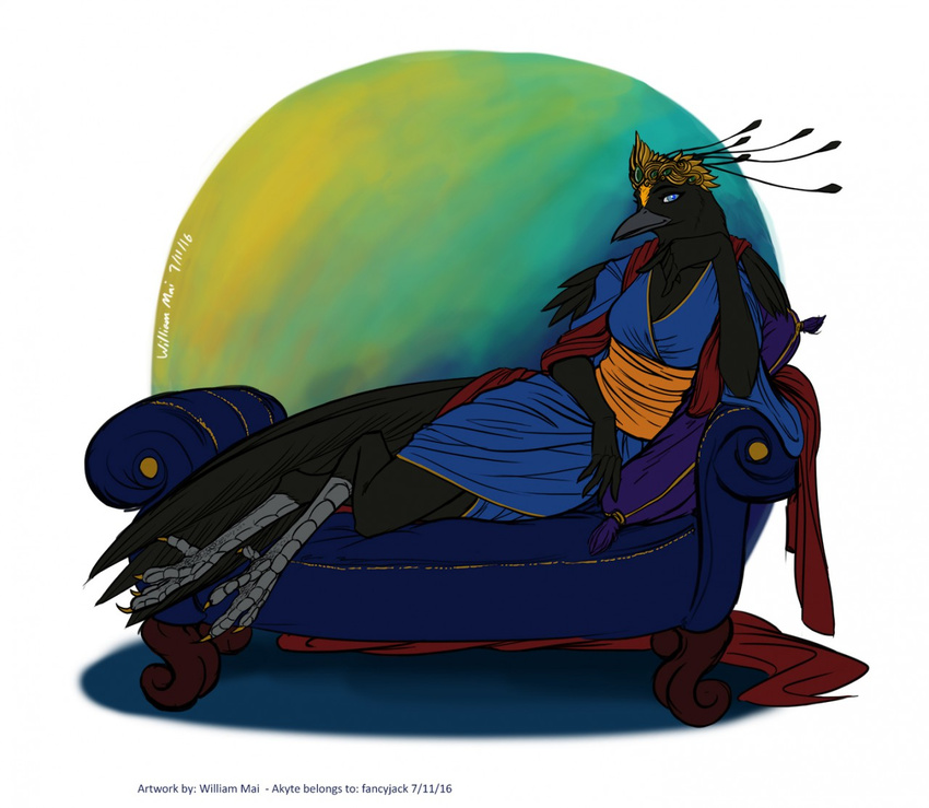 2016 4_fingers 4_toes akyte_(fancyjack) anthro arm_support avian beak bedding biped bird bird-of-paradise black_feathers blanket blue_background blue_eyes breasts chaise_longue claws cleavage clothed clothing crest crown digital_drawing_(artwork) digital_media_(artwork) digitigrade english_text eyelashes feather_tuft feathered_crest feathers female front_view full-length_portrait gradient_background green_background grey_beak grey_skin humanoid_hands leaning_on_elbow legs_together long_tail looking_at_viewer lying non-mammal_breasts on_couch orange_feathers orange_stripes pillow portrait queen queen_carola's_parotia recamier reclining robe royalty signature simple_background small_breasts smile sofa solo stripes tail_feathers talons text toes tuft watermark white_background wmdiscovery93 yellow_background