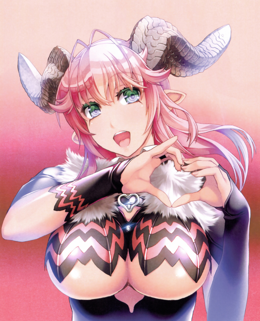 :d absurdres antenna_hair asmodeus_(the_seven_deadly_sins) bangs breasts bridal_gauntlets demon_girl demon_horns eyebrows_visible_through_hair eyelashes fingernails fur_trim gradient gradient_background green_eyes hair_between_eyes hands_up heart heart_hands highres horns large_breasts long_fingernails long_hair nail_polish nishii_(nitroplus) open_mouth pink_hair pink_nails pointy_ears scan smile solo the_seven_deadly_sins underboob upper_body