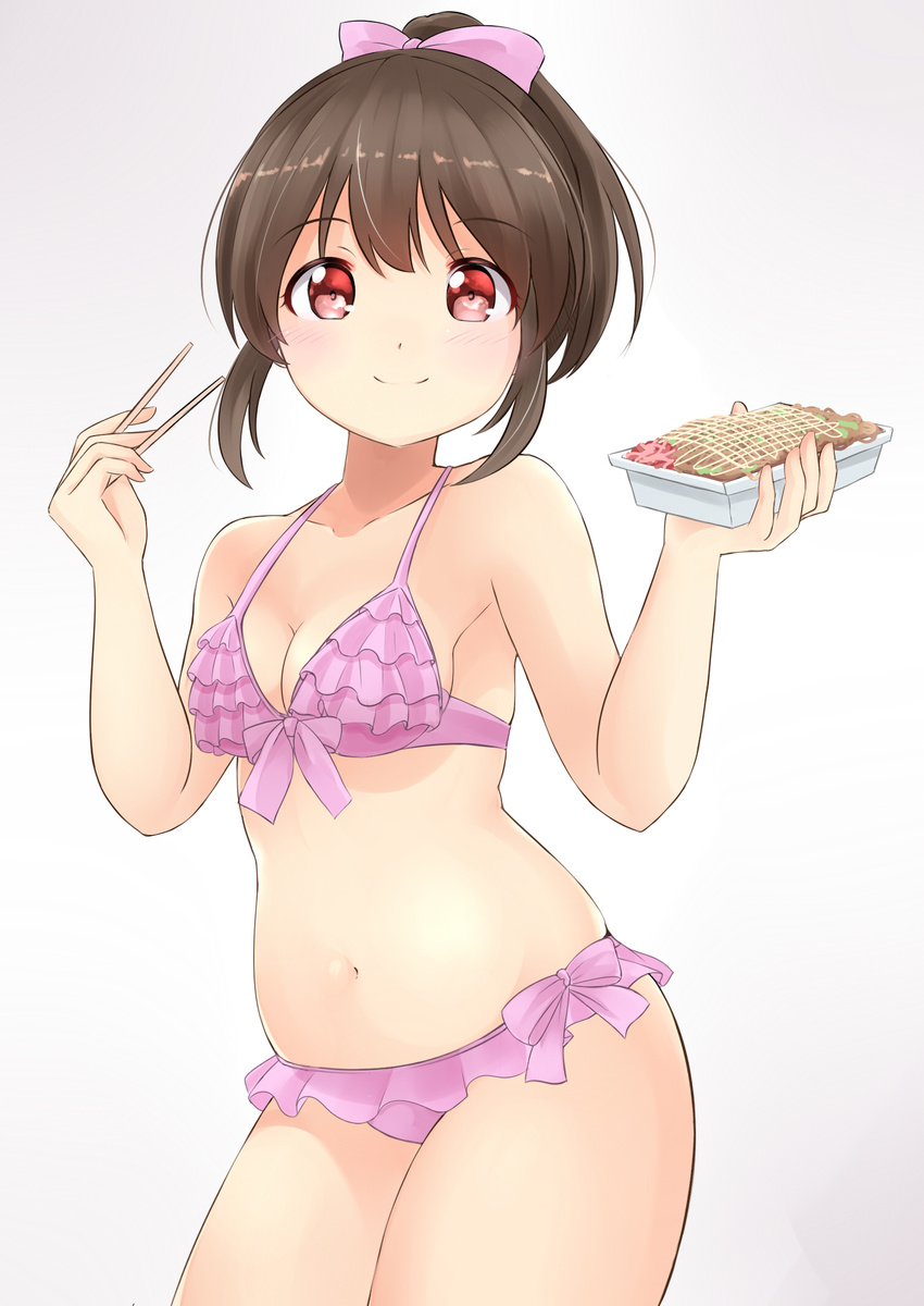 bikini breasts brown_hair commentary_request cowboy_shot frilled_bikini frills front-tie_top highres hori_yuuko idolmaster idolmaster_cinderella_girls looking_at_viewer pink_bikini red_eyes short_hair short_ponytail simple_background small_breasts smile solo sora_(silent_square) swimsuit white_background yakisoba
