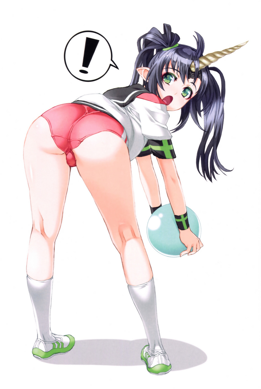 1girl :o absurdres ahoge ass back ball bangs beelzebub_(the_seven_deadly_sins) bent_over black_hair black_sailor_collar buruma eyebrows_visible_through_hair eyelashes fingernails from_behind full_body green_eyes gym_uniform hair_ornament hair_tie highres holding holding_ball horn kneehighs kneepits legs legs_apart long_hair looking_at_viewer looking_back nishii_(nitroplus) open_mouth parted_bangs pointy_ears purple_hair sailor_collar scan shadow shirt shoes short_sleeves simple_background solo spoken_exclamation_mark standing the_seven_deadly_sins twintails white_background white_footwear white_legwear white_shirt