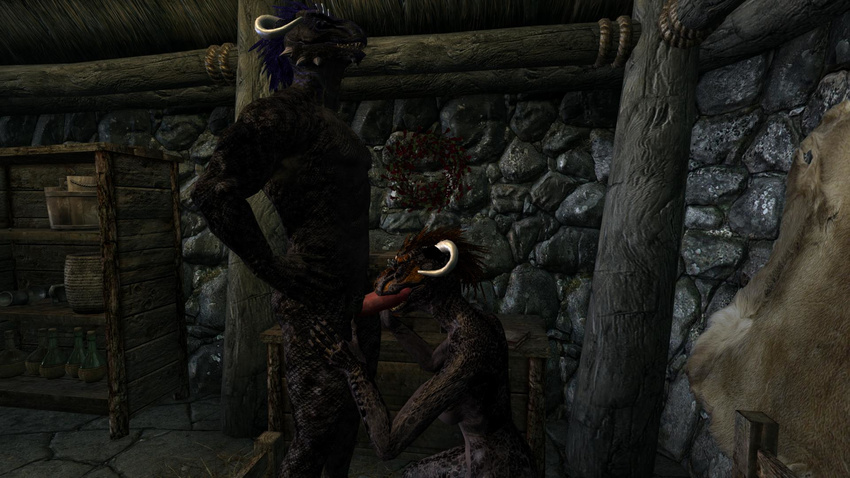 3d_(artwork) abs anatomically_correct argonian bed biceps black_scales blue_feathers breasts brother brother_and_sister digital_media_(artwork) eyes_meeting feathers fellatio handjob hands_on_hips horn incest kneeling open_mouth oral orange_feathers penis ralia_far_seer_(character) rallus_far_seer_(character) scales scalie sex sibling side_boob sister size_difference small_dom_big_sub source_filmmaker standing_on_bed teeth the_elder_scrolls video_games white_horn