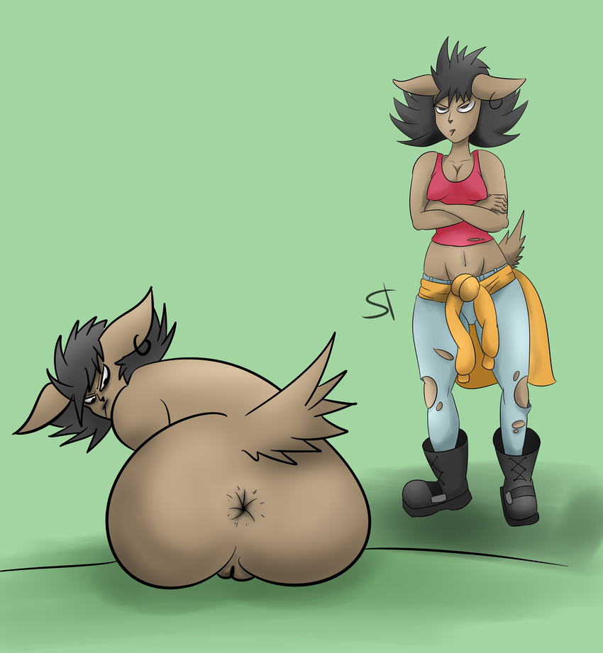 2017 angry anthro anus big_butt boots breasts butt canine clothed clothing crossed_arms digital_media_(artwork) dog ear_piercing female foot_wear footwear fur hair invalid_tag jeans kora_(character) mammal nude pants piercing pussy shirt simple_background small_breasts solo standing standing_tough tank_top thick_thighs torn_clothing v-lines wide_hips