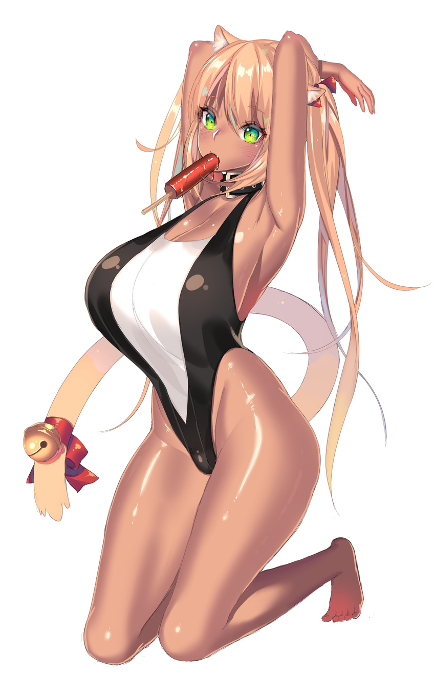 animal_ears armpits arms_up barefoot breasts brown_hair cat_ears cat_tail copyright_request dark_skin green_eyes highres huatu_jiang huge_breasts long_hair mouth_hold simple_background solo tail thighs very_long_hair white_background