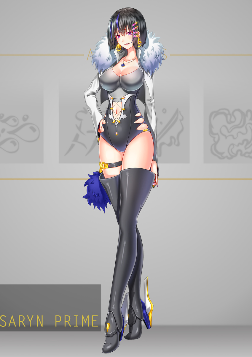 absurdres bangs black_footwear black_hair black_leotard blue_hair boots breasts character_name cleavage collarbone earrings eyebrows_visible_through_hair full_body fur_trim hair_ornament hairclip hand_on_hip high_heel_boots high_heels highres jacket jewelry kai_(pixiv12466647) large_breasts leotard looking_at_viewer multicolored_hair navel navel_cutout necklace open_clothes open_jacket purple_eyes red_eyes saryn_(warframe) saryn_prime_(warframe) short_hair simple_background smile solo standing streaked_hair thigh_boots thigh_strap thighhighs two-tone_hair warframe