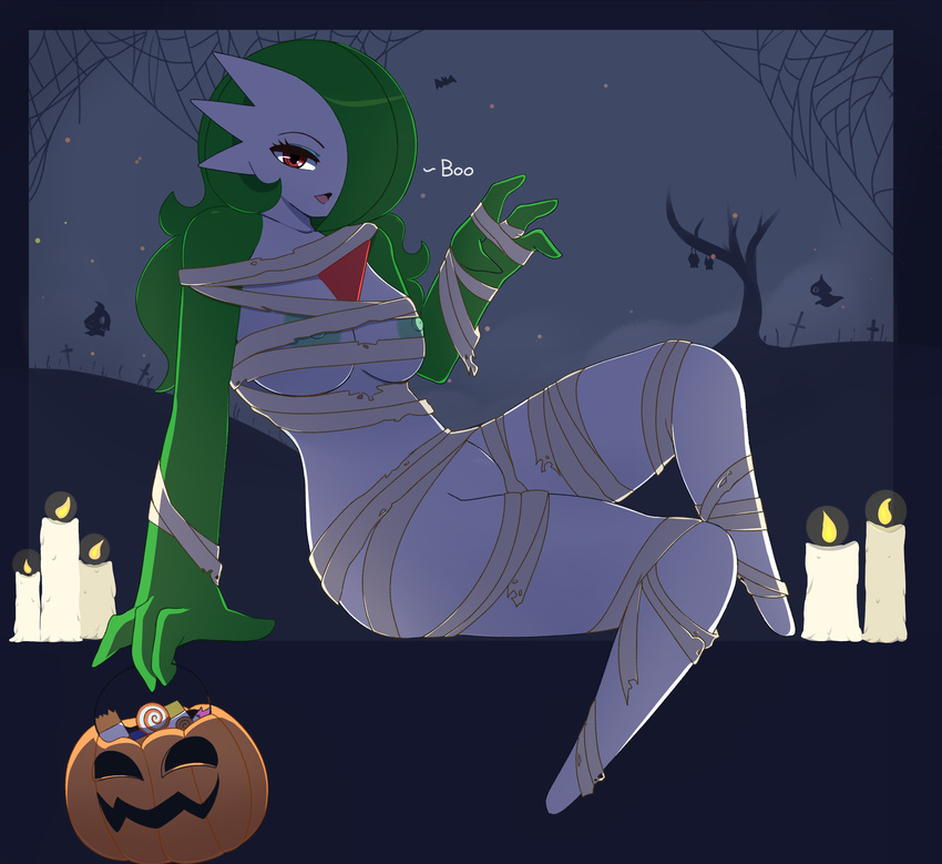 1girl absurdres arm_support arm_up bandage basket bat blue_background blue_border border breasts candle candy cobwebs collarbone duskull english fire food full_body gardevoir ghost green_hair hair_over_one_eye half-closed_eyes halloween halloween_costume jack-o'-lantern lollipop long_hair looking_at_viewer medium_breasts night_sky nipples no_humans open_mouth pinkcappachino pokemon pokemon_(creature) pokemon_rse pumpkin red_eyes revealing_clothes shuppet sitting sky spider_web text tombstone tongue tree waving zubat
