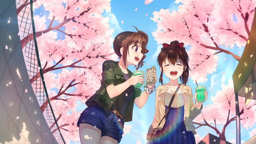 :d ^_^ belt blush bow breasts brown_hair cherry_blossoms closed_eyes collarbone day denim denim_shorts drill_hair facing_another hair_bow handband highres idolmaster idolmaster_million_live! kamille_(vcx68) large_breasts looking_at_another multiple_girls open_mouth outdoors puffy_short_sleeves puffy_sleeves red_bow satake_minako short_hair short_ponytail short_sleeves shorts side_drill smile yokoyama_nao