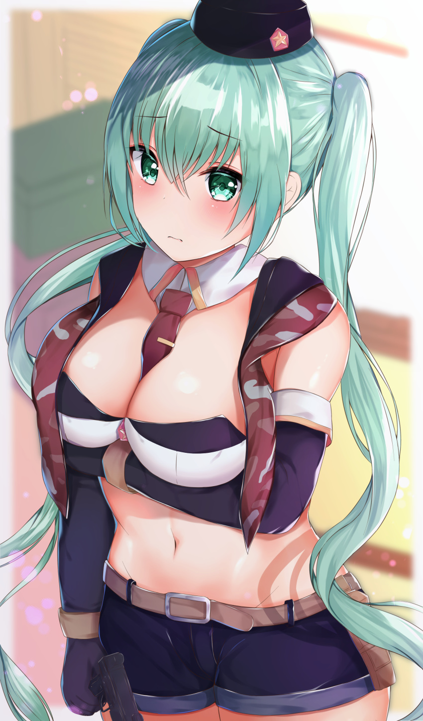 1girl absurdres arm_under_breasts bangs belt belt_buckle between_breasts black_gloves black_hat blue_shorts blurry blurry_background blush breast_hold breasts brown_belt buckle cleavage closed_mouth commentary depth_of_field detached_collar elbow_gloves eyebrows_visible_through_hair girls_frontline gloves green_eyes green_hair gun hair_between_eyes hat highres holding holding_gun holding_weapon houraku imi_uzi long_hair looking_at_viewer medium_breasts micro_uzi_(girls_frontline) midriff navel necktie necktie_between_breasts object_namesake red_neckwear short_shorts shorts sidelocks solo star submachine_gun tie_clip twintails very_long_hair weapon white_collar