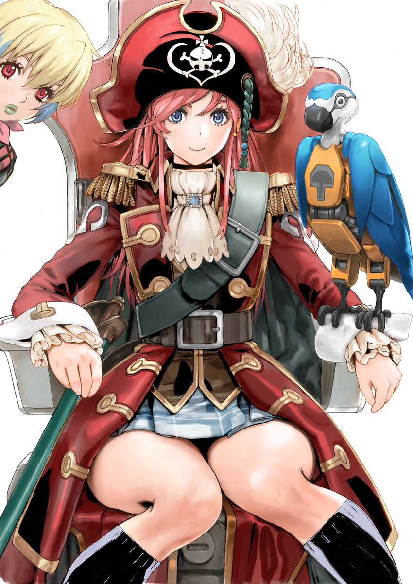 absurdres belt bird blonde_hair commentary_request epaulettes hat highres katou_marika knees_together_feet_apart looking_at_viewer miniskirt_pirates misa_grandwood multiple_girls parrot parted_lips pink_hair pirate_costume pirate_hat red_eyes ruffled_sleeves skirt skull_and_crossbones smile thighs white_background yasuda_akira