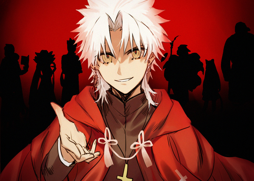 archer_of_red assassin_of_red berserker_of_red brown_eyes caster_of_red cloak cross earrings fate/apocrypha fate_(series) grey_hair karna_(fate) kotomine_shirou open_mouth rider_of_red short_hair