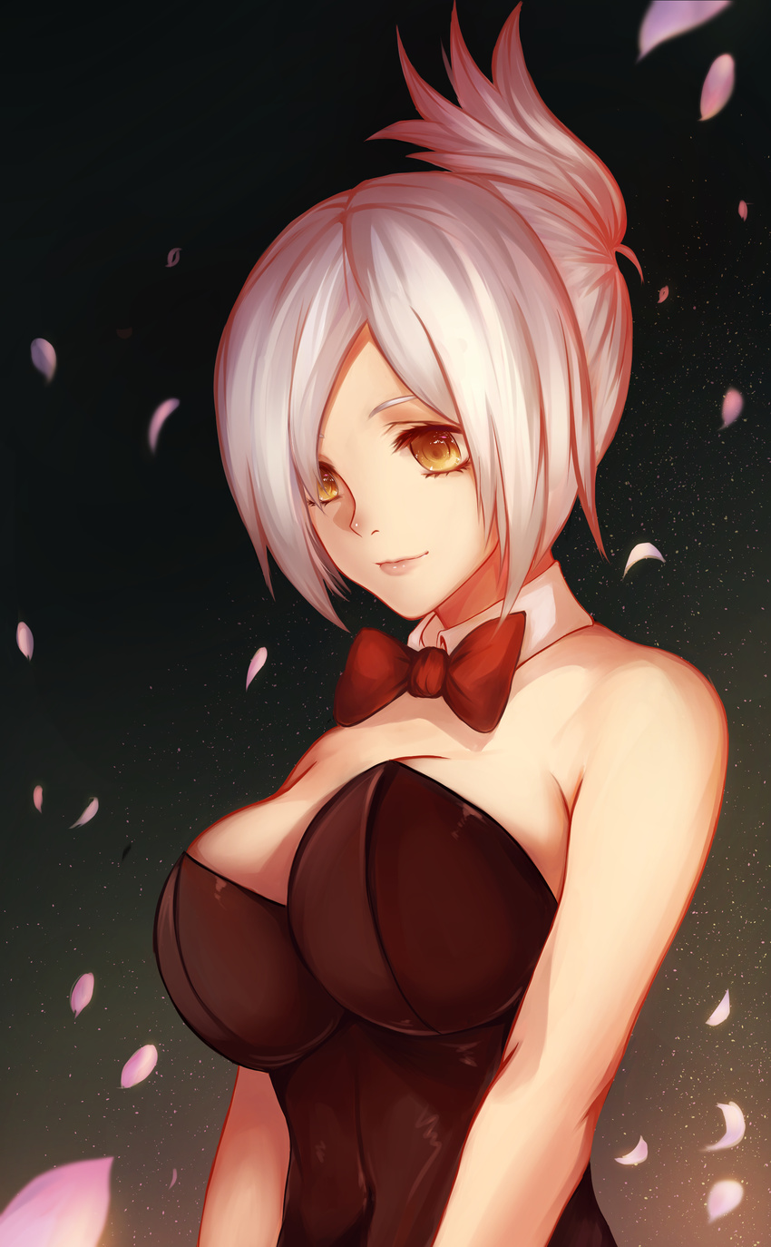 absurdres animal_costume animal_ears bowtie bunny_costume bunny_ears costume exposed_shoulders female gold_eyes highres league_of_legends looking_ahead looking_down petals riven_(league_of_legends) short_hair white_hair