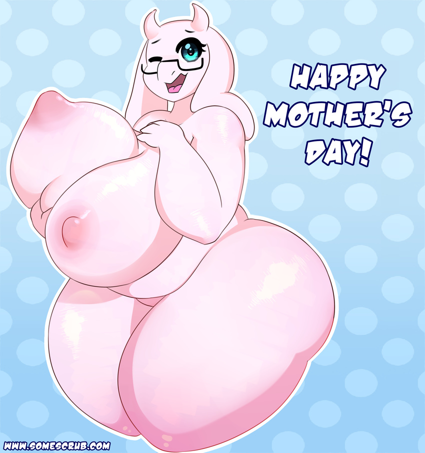 2016 anthro big_breasts boss_monster breasts caprine english_text female goat hi_res holidays horn huge_breasts hyper hyper_breasts long_ears mammal mother mother's_day nipples nude one_eye_closed open_mouth overweight parent solo somescrub text thick_thighs toriel undertale video_games
