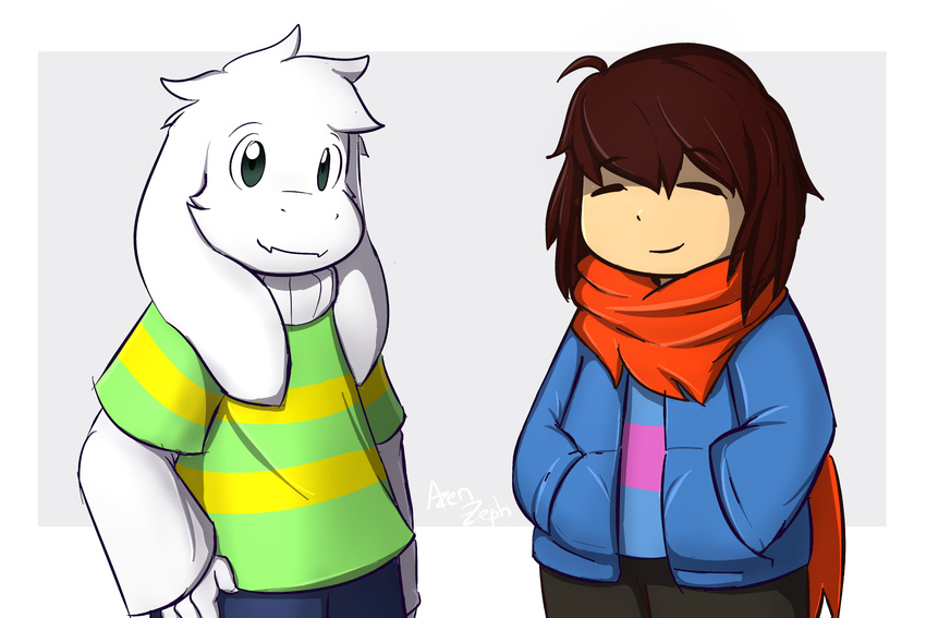 abstract_background asriel_dreemurr azenzeph boss_monster caprine child duo eyes_closed fur goat human long_ears mammal protagonist_(undertale) scarf simple_background stripes undertale video_games white_fur young