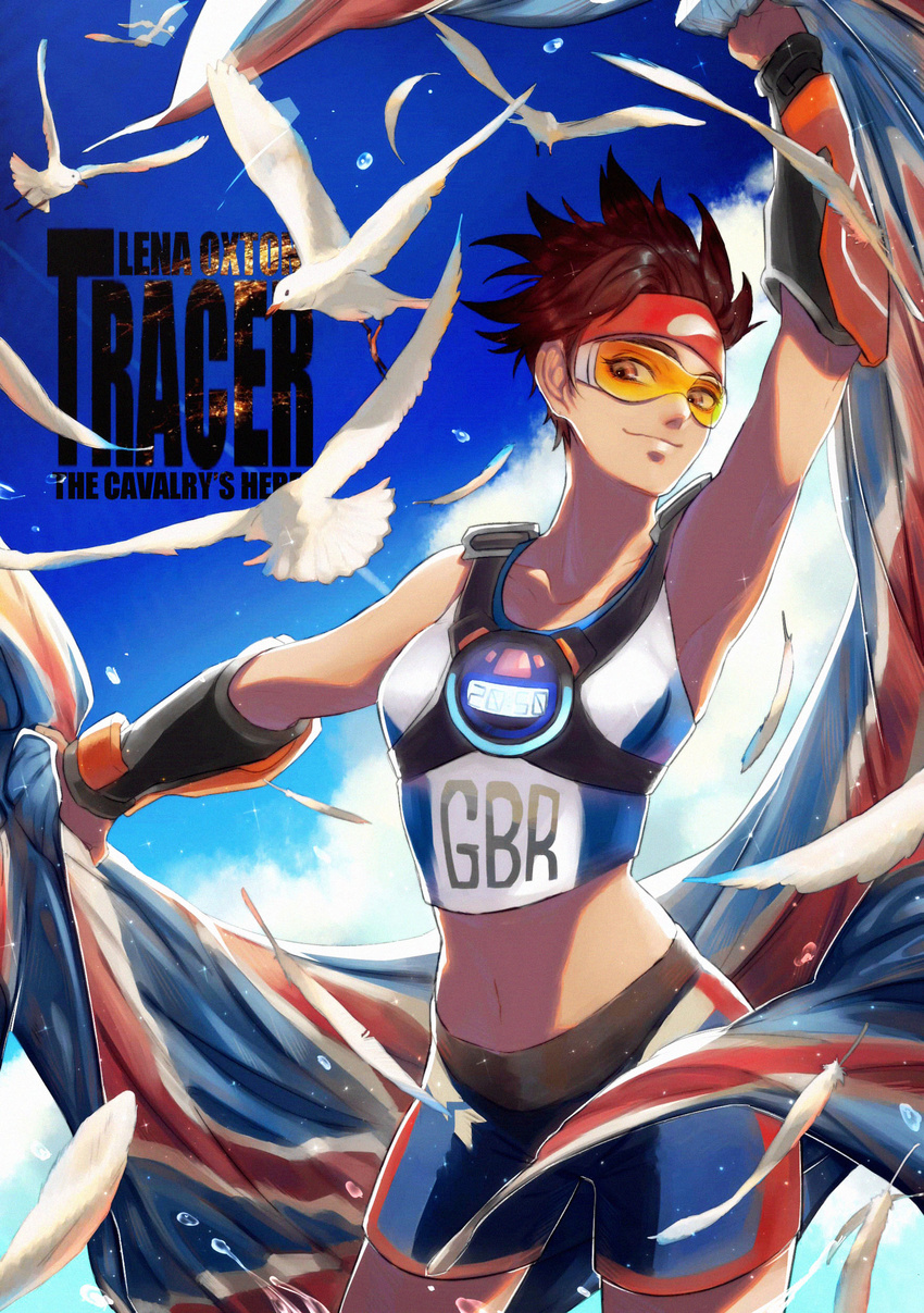 absurdres arm_up bird brown_eyes brown_hair character_name contrapposto cowboy_shot crop_top ez_1011 flag goggles headband highres looking_at_viewer midriff navel outstretched_arm overwatch seagull short_hair shorts smile solo spiked_hair sportswear standing tracer_(overwatch) track_and_field track_and_field_tracer union_jack