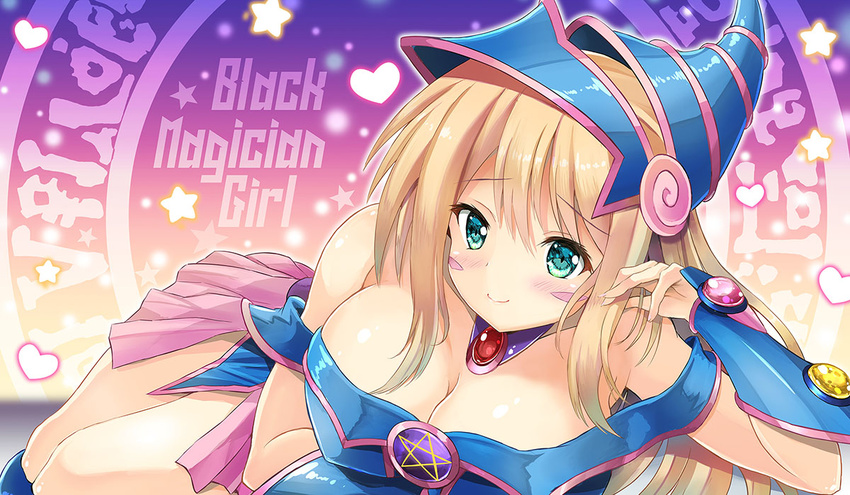 bare_shoulders blonde_hair blush blush_stickers breasts character_name cleavage dark_magician_girl duel_monster green_eyes hat heart large_breasts long_hair lying off_shoulder on_stomach pentagram pink_skirt skirt smile solo star suzuta_yume vambraces wizard_hat yuu-gi-ou