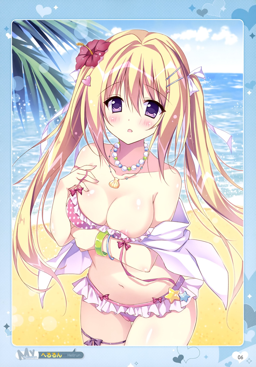absurdres areolae beach bikini blonde_hair blush bow breasts cleavage collarbone cowboy_shot day eyebrows_visible_through_hair flower frilled_bikini frills hair_bow hair_flower hair_ornament hair_ribbon heart heart_hair_ornament herurun hibiscus highres long_hair looking_at_viewer medium_breasts navel ocean open_mouth original outdoors palm_tree polka_dot polka_dot_bikini purple_eyes purple_flower purple_ribbon red_bow ribbon shiny shiny_skin solo standing swimsuit thigh_ribbon tree twintails untied untied_bikini very_long_hair white_ribbon