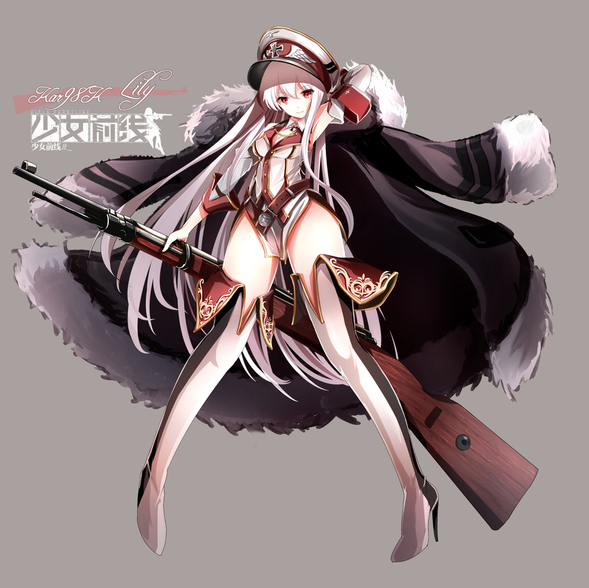 arm_up armband blush bolt_action boots breasts character_name cleavage girls_frontline gun haguruma_(hagurumali) hat high_heel_boots high_heels highleg highres holding holding_gun holding_weapon kar98k_(girls_frontline) large_breasts legs long_hair long_legs looking_at_viewer mauser_98 parted_lips red_eyes rifle smile solo thigh_boots thighhighs thighs very_long_hair weapon white_hair white_legwear
