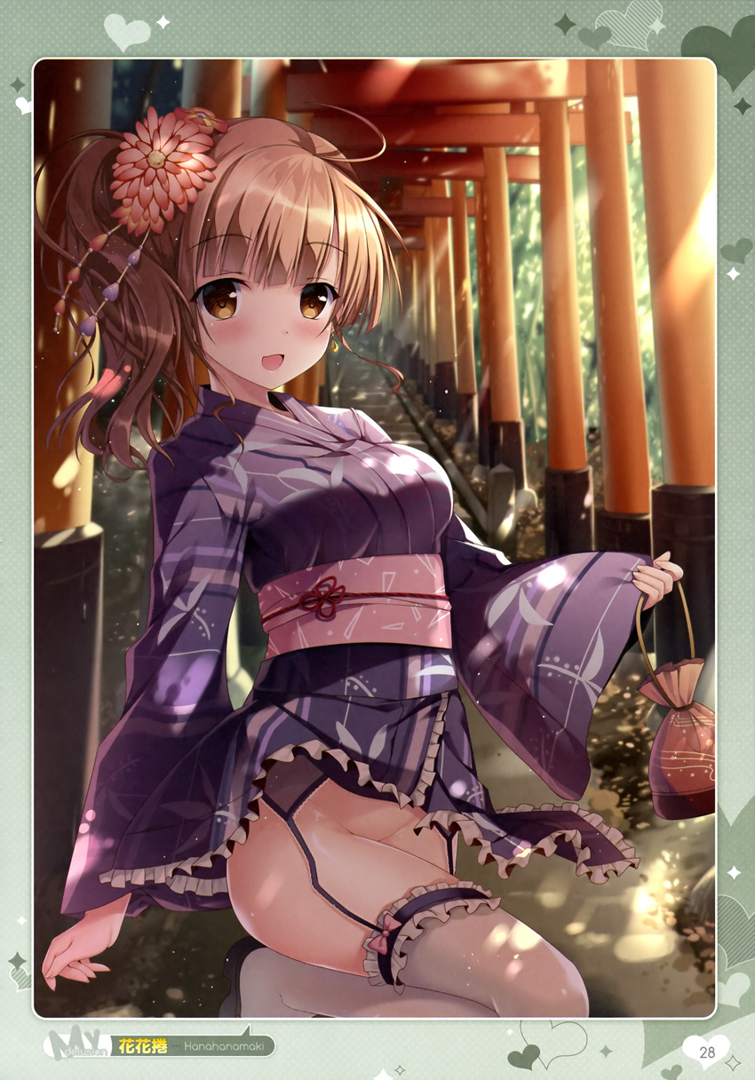 :d absurdres ahoge blush brown_eyes brown_hair day eyebrows_visible_through_hair flower forest garter_belt hair_flower hair_ornament hanahanamaki highres holding japanese_clothes kimono kimono_skirt leg_up long_hair looking_at_viewer multiple_torii nature no_panties obi open_mouth original outdoors red_flower sash side_ponytail smile solo stairs standing standing_on_one_leg thighhighs torii white_legwear