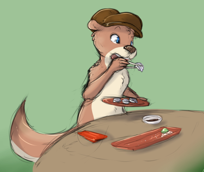 anthro chopsticks eating food hat headwear male mammal mustelid open_mouth otter shem sushi table xilrayne