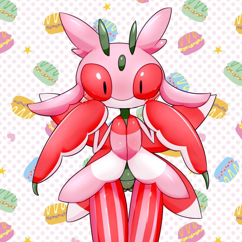 1girl antennae black_eyes blush cottontail food hands_up highres insect_girl looking_at_viewer lurantis macaroon no_humans no_mouth pink_sclera pinstripe_pattern pokemon pokemon_(creature) pokemon_sm pussy shiny_skin solo standing star thigh_gap uncensored white_background
