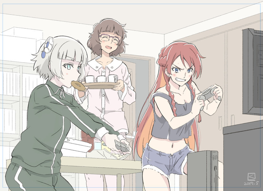 bangs blue_eyes blunt_bangs blush braid brown_hair casual closed_eyes contemporary controller cutoffs denim denim_shorts doughnut earrings eating food food_in_mouth game_console game_controller glasses grin hair_ornament jacket jewelry kueru_(yuuki_tamerawanai) long_hair marine_(re:creators) meteora_osterreich midriff mouth_hold multicolored_hair multiple_girls navel pajamas pastry_box playing_games re:creators red_hair selesia_upitiria semi-rimless_eyewear short_hair shorts silver_hair smile table tank_top television track_jacket track_suit twin_braids two-tone_hair