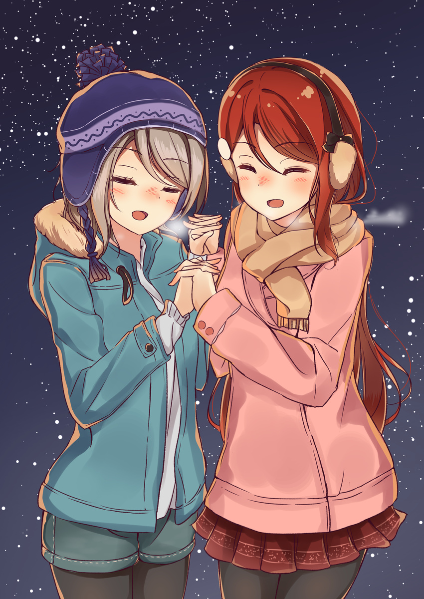 absurdres beanie beige_scarf black_legwear blue_coat blush breath casual closed_eyes coat commentary_request earmuffs fur-trimmed_hood grey_hair hair_ornament hairclip hat highres holding_hands hood hood_down interlocked_fingers long_hair long_sleeves love_live! love_live!_sunshine!! miniskirt multiple_girls night open_mouth pantyhose pantyhose_under_shorts pink_coat pleated_skirt red_hair red_skirt sakurauchi_riko scarf short_hair short_shorts shorts skirt snowing sonoko_neko tassel watanabe_you winter_clothes yuri