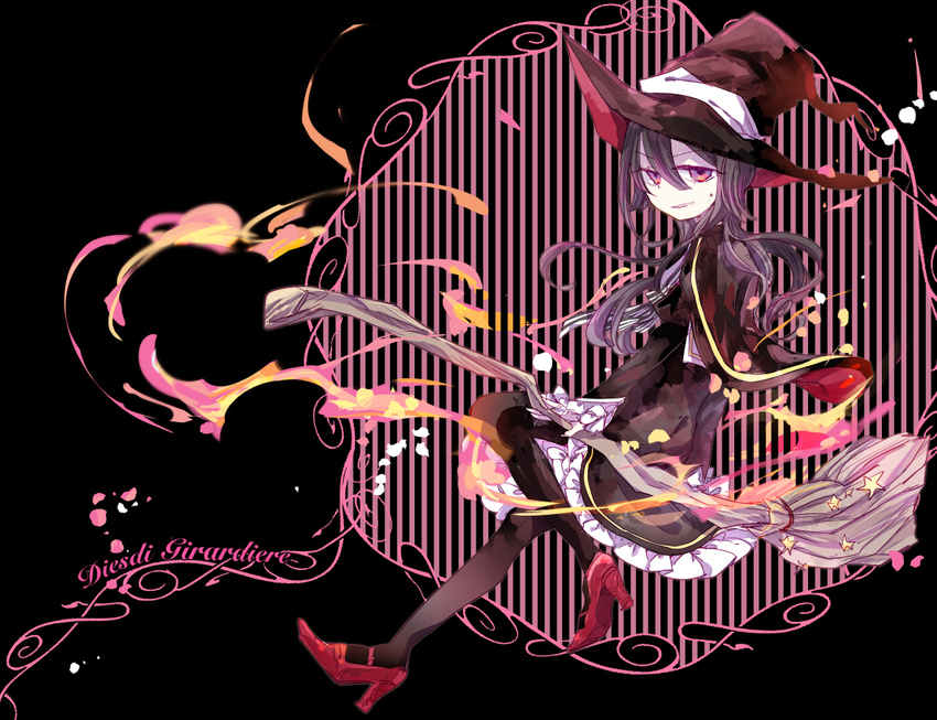 black_background black_hat broom character_name diesdi_girardiere fire flame full_body hat long_hair looking_at_viewer mole nega parted_lips pixiv_witch_craft_school red_footwear shoes solo witch_hat