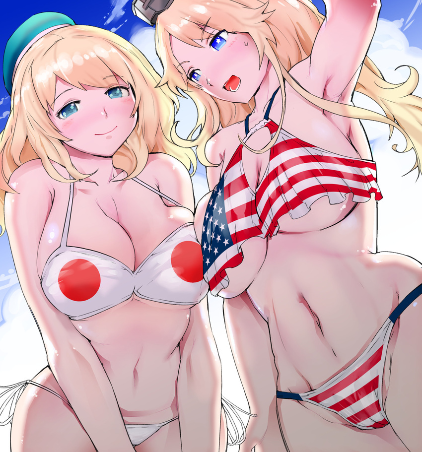 :d alternate_costume american_flag_bikini aqua_eyes aqua_hat arm_at_side armpits asymmetrical_docking atago_(kantai_collection) bangs beret bikini blonde_hair blue_eyes blush breast_press breasts cameltoe cleavage cleavage_cutout closed_mouth cloud collarbone cowboy_shot day dutch_angle eyebrows_visible_through_hair flag_print frilled_bikini_top frills groin halterneck hand_up happy hat headgear highres hips igarasy iowa_(kantai_collection) japanese_flag japanese_flag_bikini kantai_collection large_breasts long_hair looking_at_another looking_at_viewer multiple_girls navel open_mouth outdoors parted_bangs print_bikini red_bikini side-tie_bikini sideboob sky smile standing star star-shaped_pupils star_print strap_gap striped striped_bikini sweatdrop swimsuit symbol-shaped_pupils underboob v_arms wavy_hair white_bikini