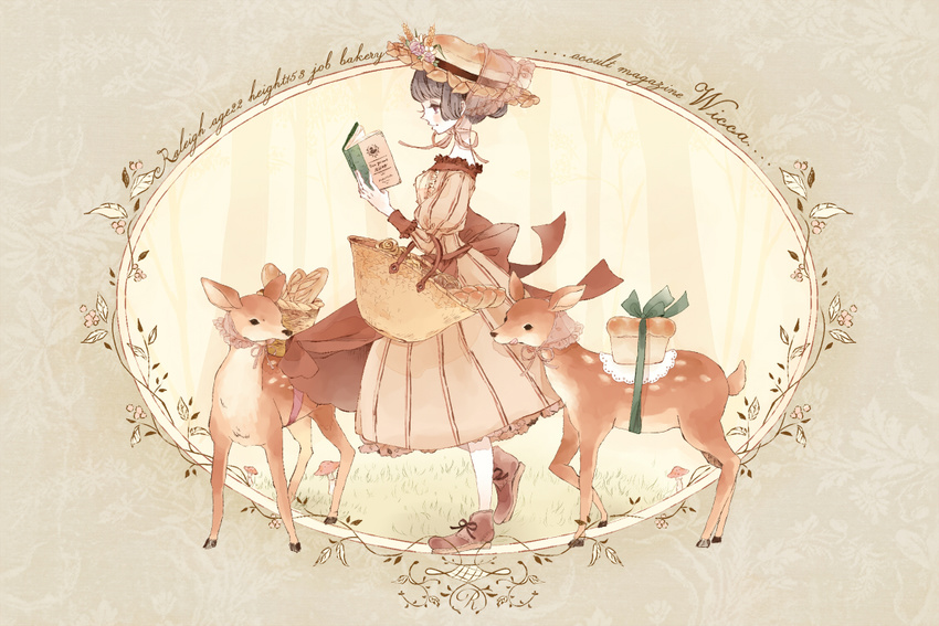 animal bangs basket beige_dress black_hair blush bonnet book chin_strap commentary_request deer doily dress english flower frilled_shirt_collar frills from_side hair_bun hat hat_flower holding holding_book ichiko juliet_sleeves loaf_of_bread long_sleeves mushroom original puffy_sleeves reading ribbon sash shoes sidelocks solo