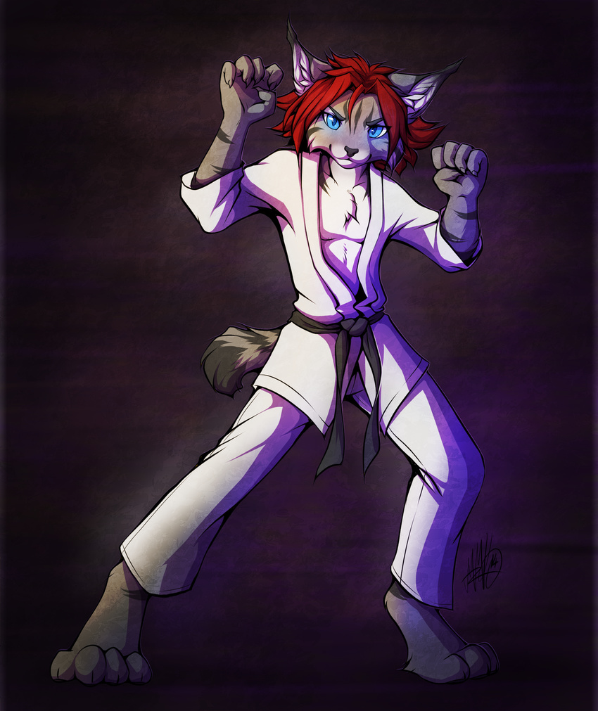 2014 4_toes 5_fingers anthro barefoot blue_eyes clothed clothing digitigrade feline fur grey_fur hair looking_at_viewer lynx male mammal neotheta red_hair smile solo toes