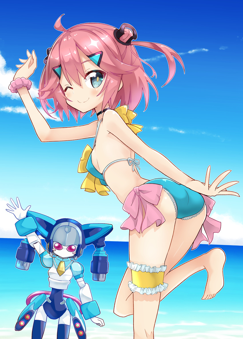 absurdres ass barefoot blue_eyes blush breasts character_request choker highres looking_at_viewer medarot nanakusa_amane one_eye_closed pink_hair robot short_hair sideboob small_breasts smile swimsuit