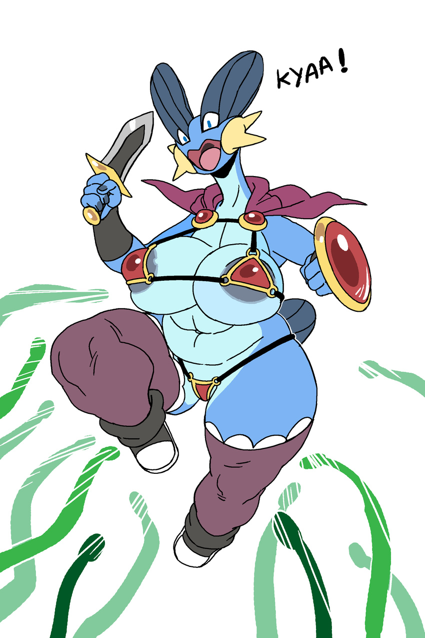 anthro areola armor big_breasts blue_eyes breasts cape clothed clothing dialogue english_text female hi_res huge_breasts jijis-waifus melee_weapon nintendo oh-jiji open_mouth pok&eacute;mon pok&eacute;morph shield skimpy slightly_chubby solo swampert sword text unconvincing_armor video_games vines weapon yelling