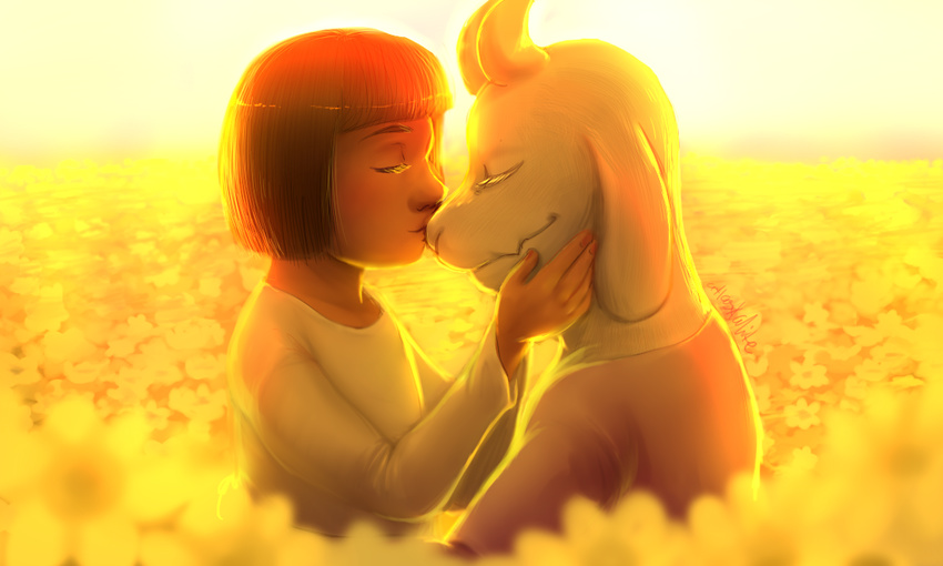 asriel_dreemurr atlas-white boss_monster caprine duo eyes_closed flower fur goat human long_ears mammal plant protagonist_(undertale) undertale video_games white_fur