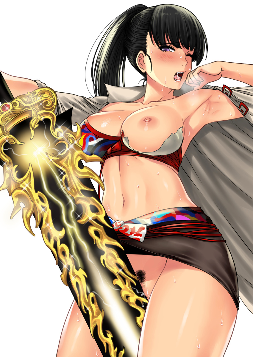 1girl absurdres areolae armpits black_hair blade_&amp;_soul blush breasts breasts_outside coat commentary cowboy_shot english_commentary highres huge_filesize large_breasts long_hair looking_at_viewer masturbation millipen_(medium) navel nipples no_panties one_eye_closed open_clothes open_coat open_mouth ponytail pubic_hair purple_eyes skirt solo sweat sword torn_clothes traditional_media weapon white_background xtermination