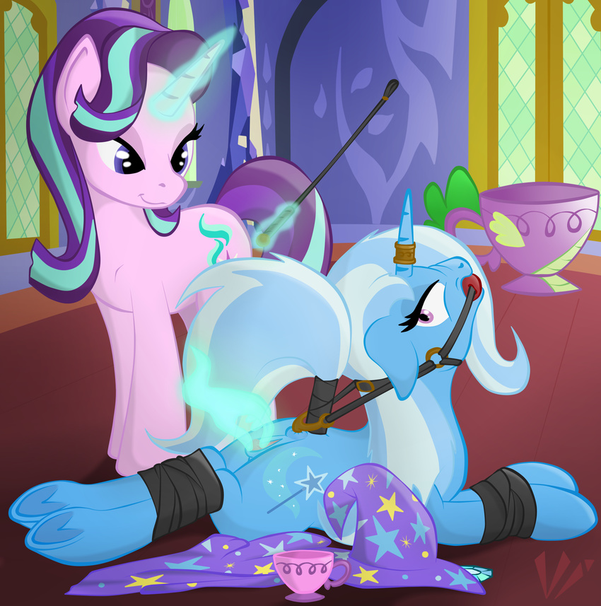 2017 anus ball_gag bdsm bondage bound crystal cup cutie_mark duo equine eye_contact female feral friendship_is_magic gag gagged hair hat horn inside magic mammal multicolored_hair my_little_pony pussy riding_crop sex spread_pussy spreading starlight_glimmer_(mlp) tea_cup trixie_(mlp) two_tone_hair unicorn virenth whip wizard_hat