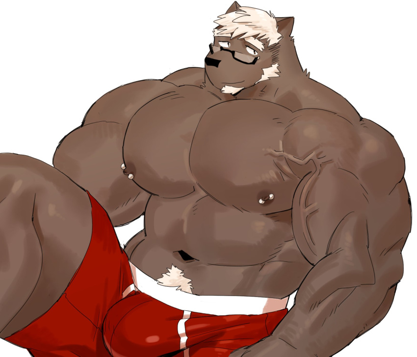 2019 5_fingers anthro biceps bulge canid canine canis clothed clothing digital_media_(artwork) eyewear fur glasses hi_res kemono male mammal muscular muscular_male pecs shorts simple_background solo syukapong topless