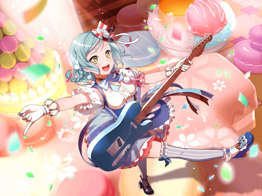 bang_dream! blue_hair blush braids dress guitar hikawa_hina hqppy music short_hair sweets yellow_eyes