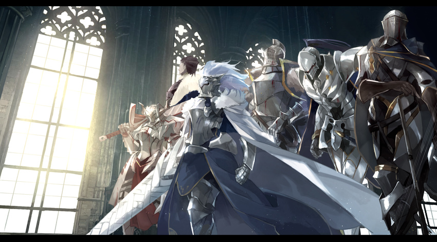 3boys absurdres agravain_(fate/grand_order) armor artoria_pendragon_(all) artoria_pendragon_(lancer) berserker_(fate/zero) blood cape clarent commentary_request fate/apocrypha fate/extra fate/grand_order fate/stay_night fate/zero fate_(series) full_armor gawain_(fate/extra) highres holding holding_sword holding_weapon indoors knights_of_the_round_table_(fate) lance lancelot_(fate/grand_order) letterboxed mono_(jdaj) mordred_(fate) mordred_(fate)_(all) multiple_boys multiple_girls odd_one_out polearm revision rhongomyniad sword tristan_(fate/grand_order) weapon window