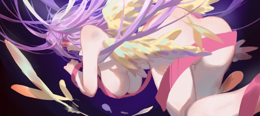 areolae ass blindfold breasts closed_mouth commentary convenient_censoring fate/grand_order fate_(series) feathers from_behind gorgon_(fate) highres large_breasts long_hair nude purple_eyes red_cucumber rider simple_background solo very_long_hair wings
