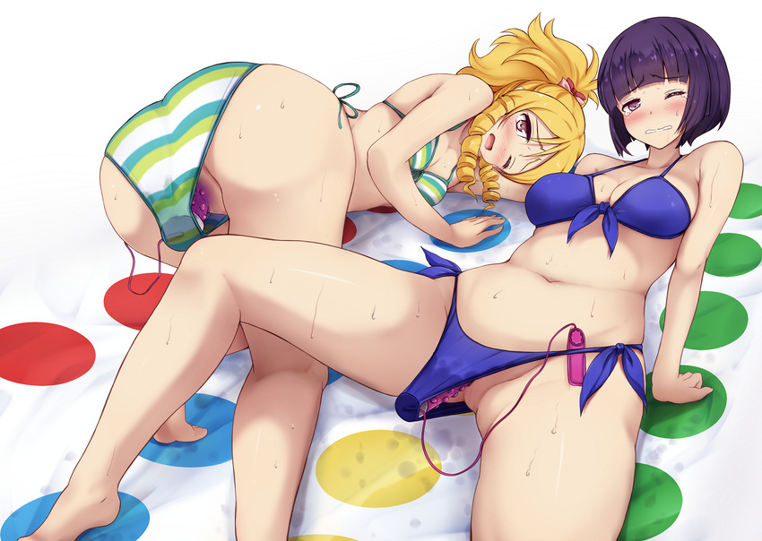 all_fours arm_support ass bangs bikini blonde_hair blue_bikini blunt_bangs blush bob_cut bow breasts clenched_teeth dildo drill_hair eromanga_sensei front-tie_bikini front-tie_top grimace hair_bow long_hair looking_at_viewer medium_breasts multiple_girls navel nose_blush object_insertion one_eye_closed open_mouth pink_bow pink_eyes ponytail purple_eyes red_bow ringlets senju_muramasa short_hair side-tie_bikini sidelocks spread_legs striped striped_bikini sweat swimsuit teeth top-down_bottom-up twin_drills twister vaginal vaginal_object_insertion vibrator vibrator_under_clothes wavy_mouth white_background wince yamada_elf yuzumiya_mono